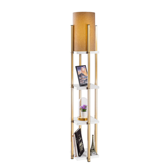 Raflı Lambader Metal Keten Abajurlu - Altın