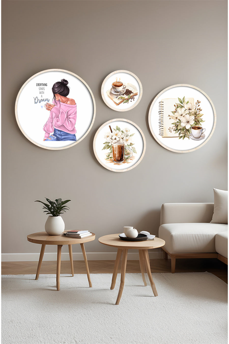Pastel Tonlu Modern Tablo Seti – 4’lü Yuvarlak Set | Huhu413