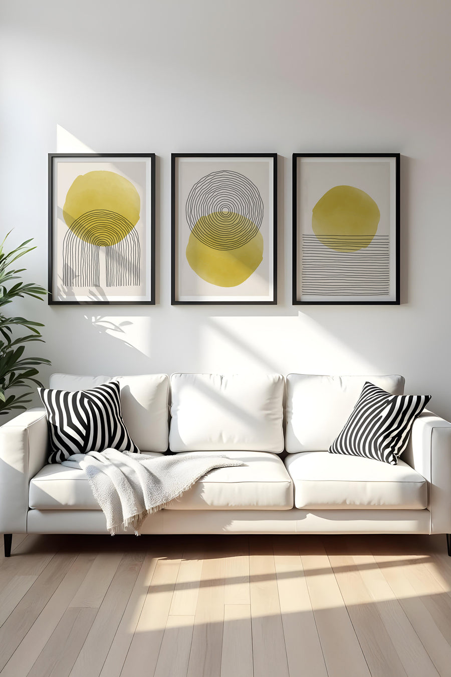 Geometrik Desenli Sarı Tablo Seti - Modern 3’lü Set | huhu144