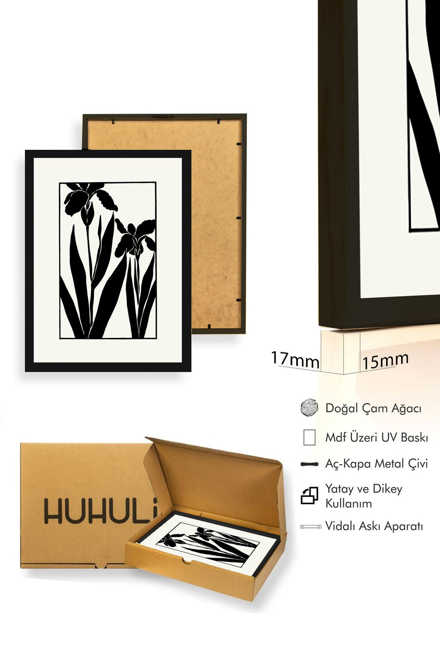 Doğal Ahşap Çerçeveli Çiçek Desenli Tablo - Minimal | huhu1325