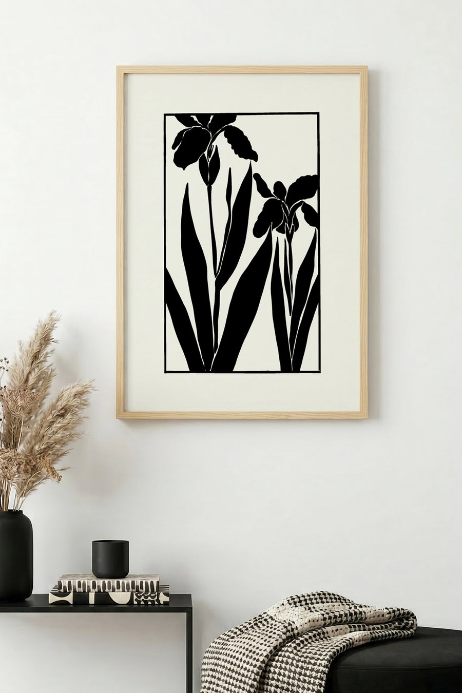 Doğal Ahşap Çerçeveli Çiçek Desenli Tablo - Minimal | huhu1325