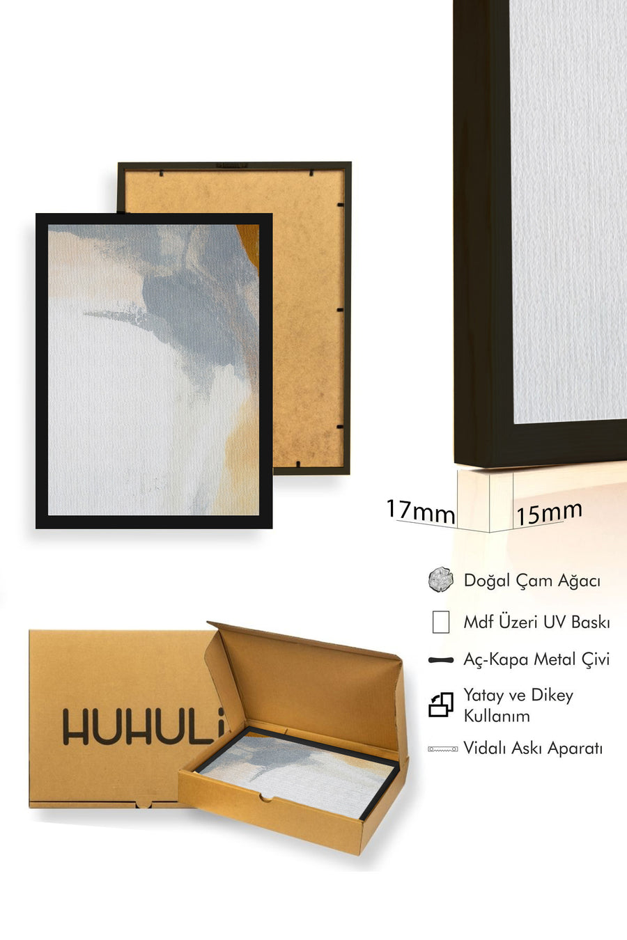 Doğal Ahşap Çerçeveli Soyut Desenli Tablo - Pastel Tonlar | huhu1329