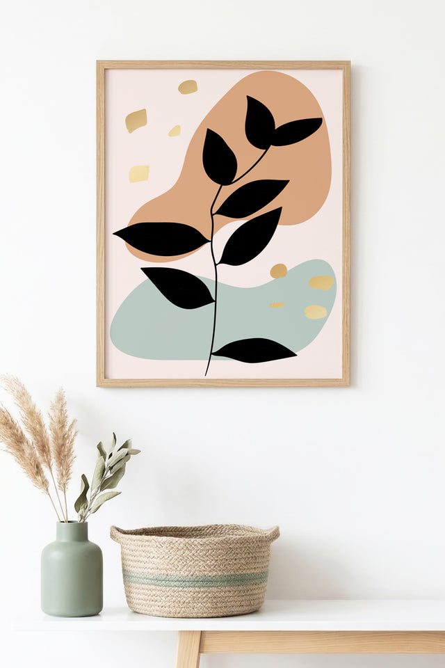 Doğal Ahşap Çerçeveli Minimal Yaprak Desenli Tablo - Pastel Tonlar | huhu1404