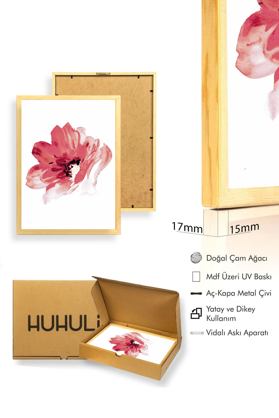 Doğal Ahşap Çerçeveli Çiçek Desenli Tablo - Canlı Tonlar | huhu1044