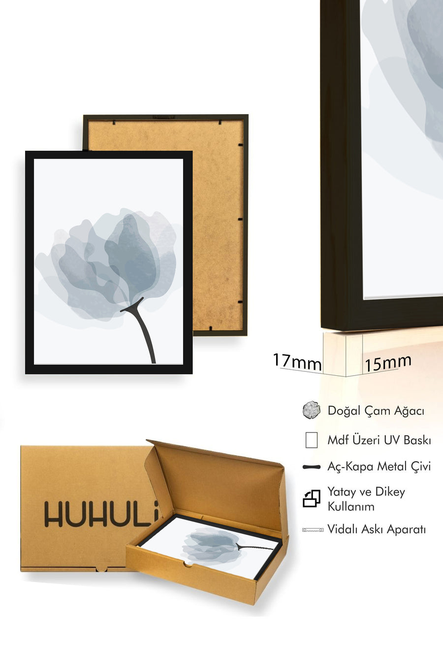 Doğal Ahşap Çerçeveli Soyut Çiçek Desenli Tablo - Pastel Tonlar | huhu1017