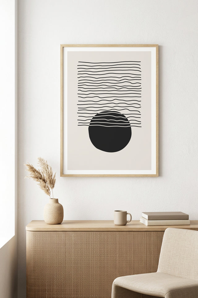 Doğal Ahşap Çerçeveli Minimal Geometrik Desenli Tablo - Siyah-Beyaz | huhu1035