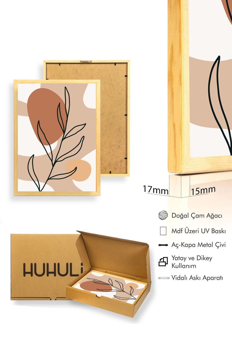Doğal Ahşap Çerçeveli Minimal Yaprak Desenli Tablo - Pastel Tonlar | huhu1384