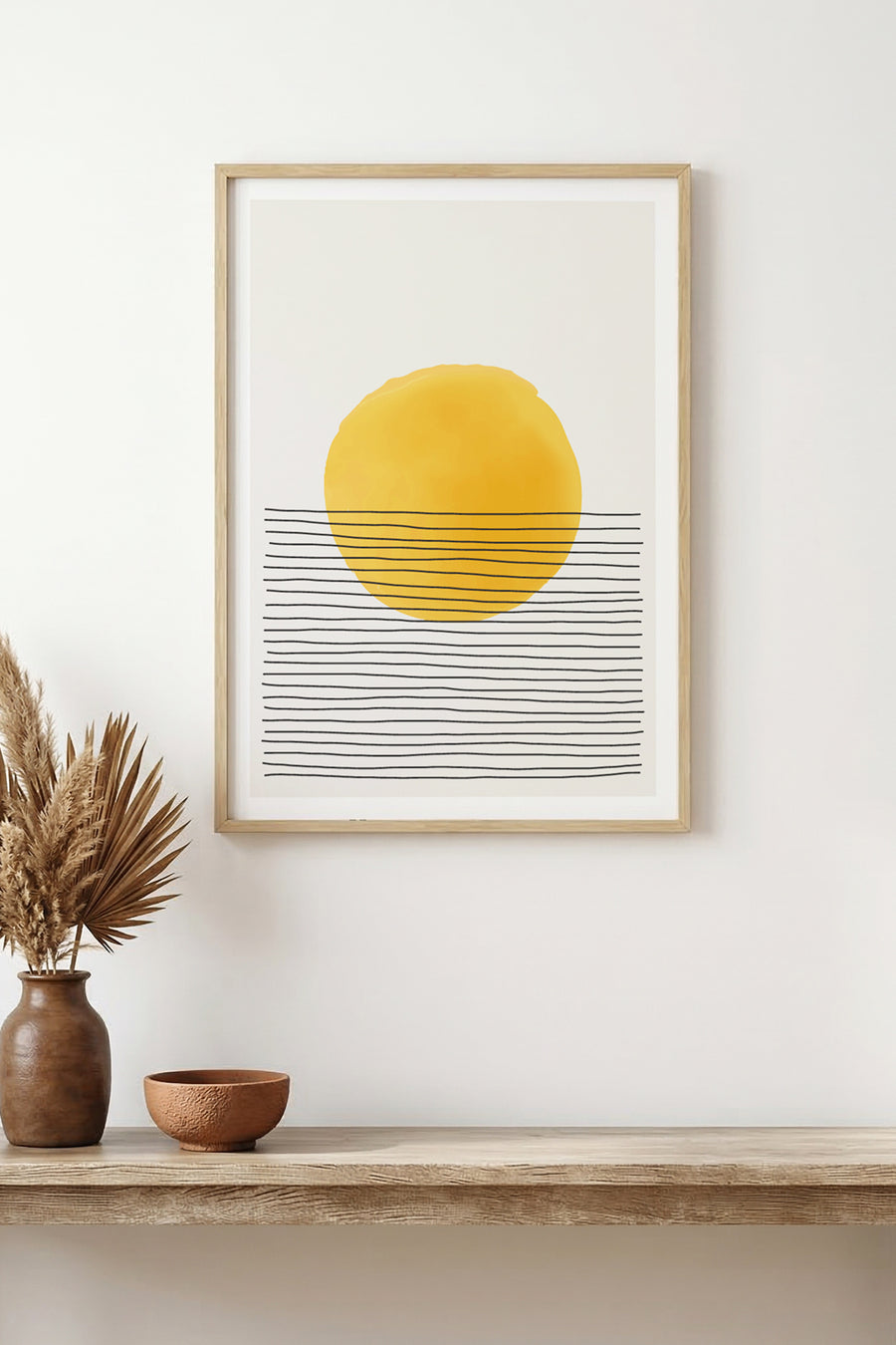 Doğal Ahşap Çerçeveli Soyut Güneş Desenli Tablo - Minimal | huhu1542