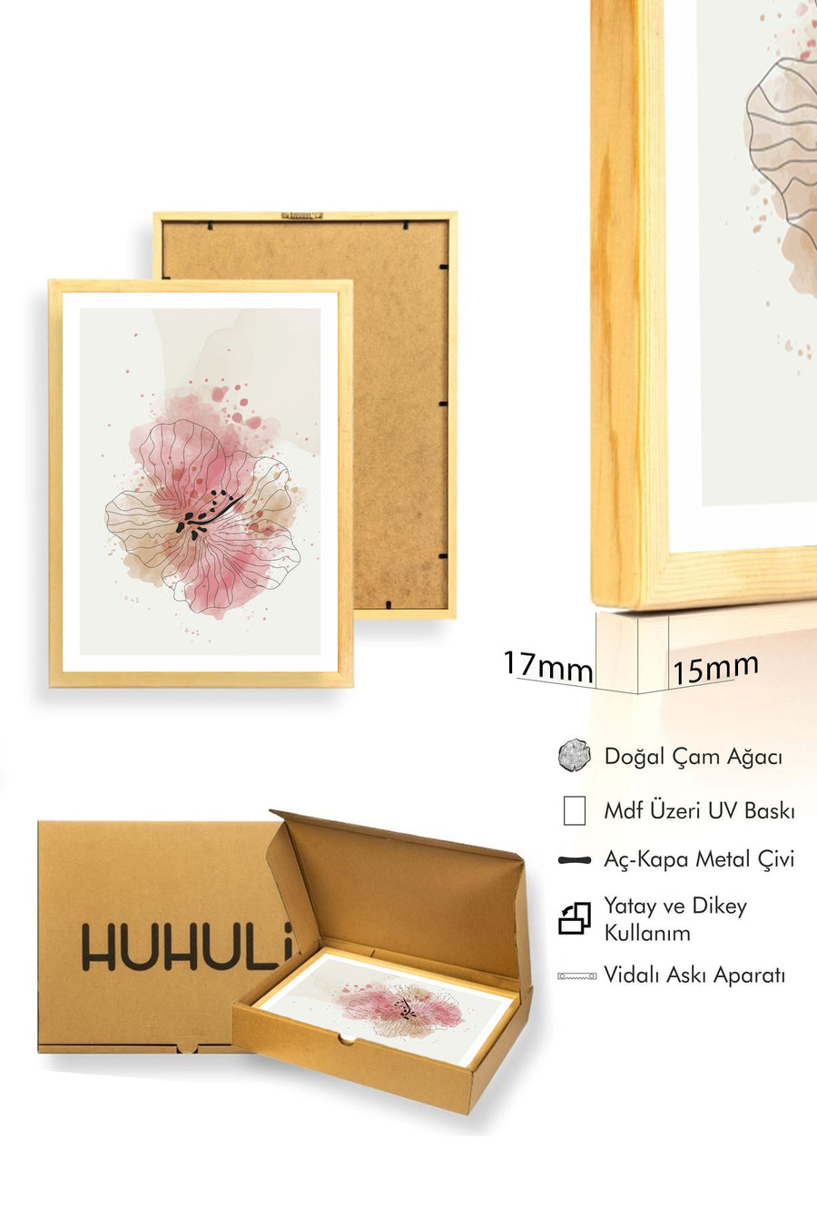 Doğal Ahşap Çerçeveli Çiçek Desenli Tablo - Pastel Tonlar | huhu1013