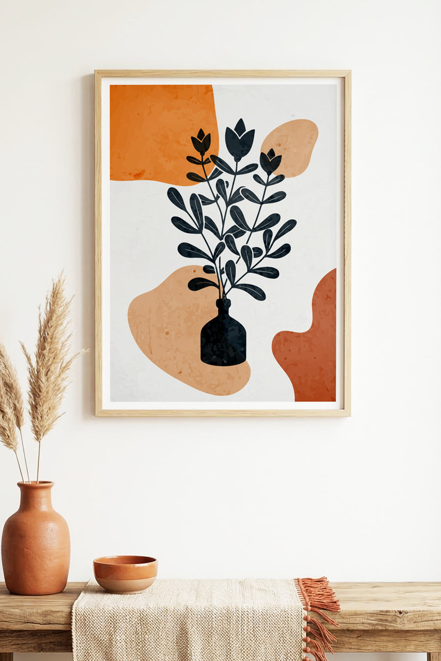Doğal Ahşap Çerçeveli Minimal Yaprak Desenli Tablo - Canlı Tonlar | huhu1360