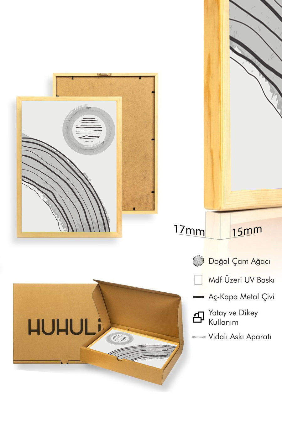 Doğal Ahşap Çerçeveli Soyut Çizgili Tablo - Grayscale | huhu1380