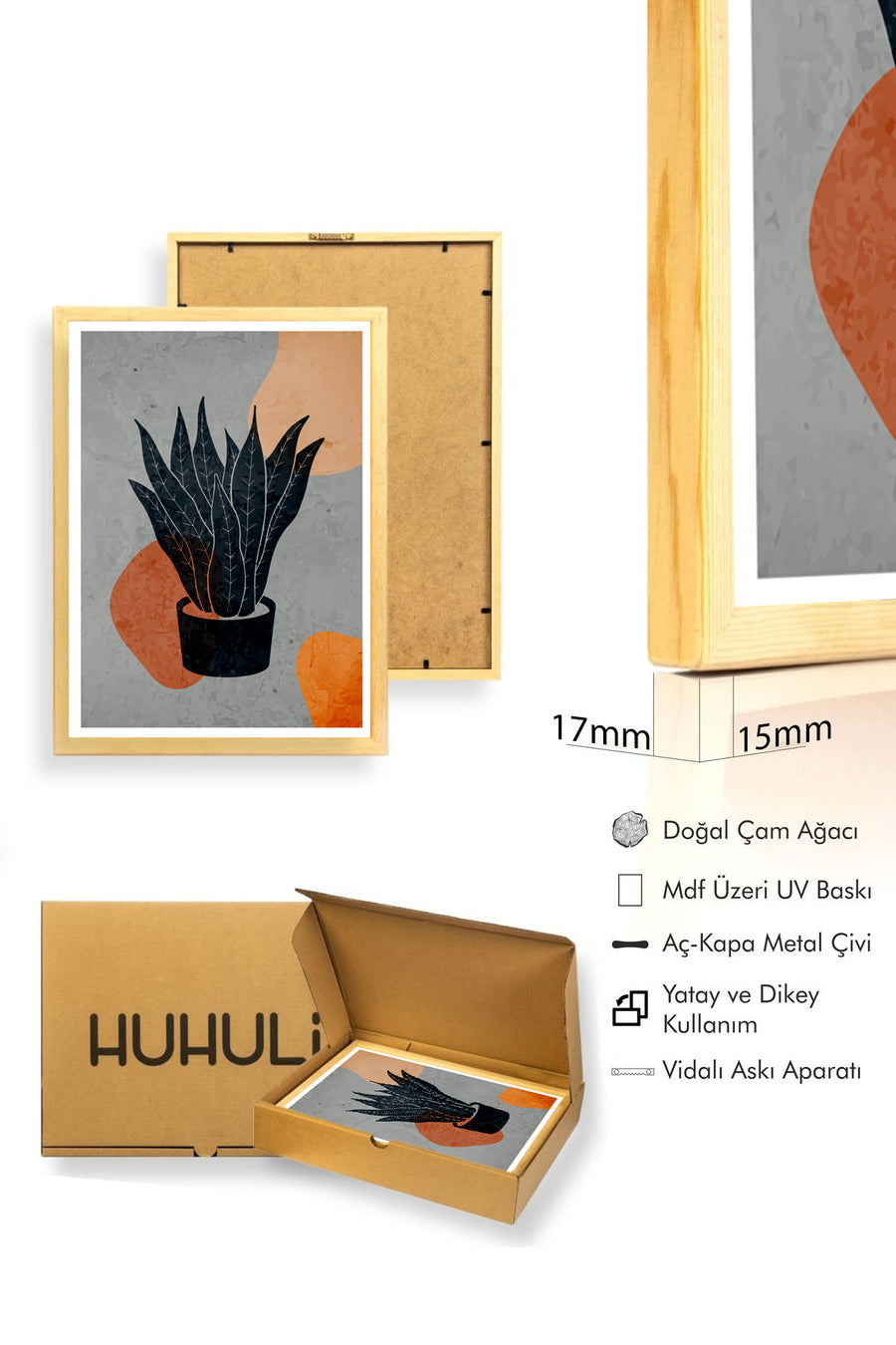 Doğal Ahşap Çerçeveli Minimal Yaprak Desenli Tablo - Canlı Tonlar | huhu1363