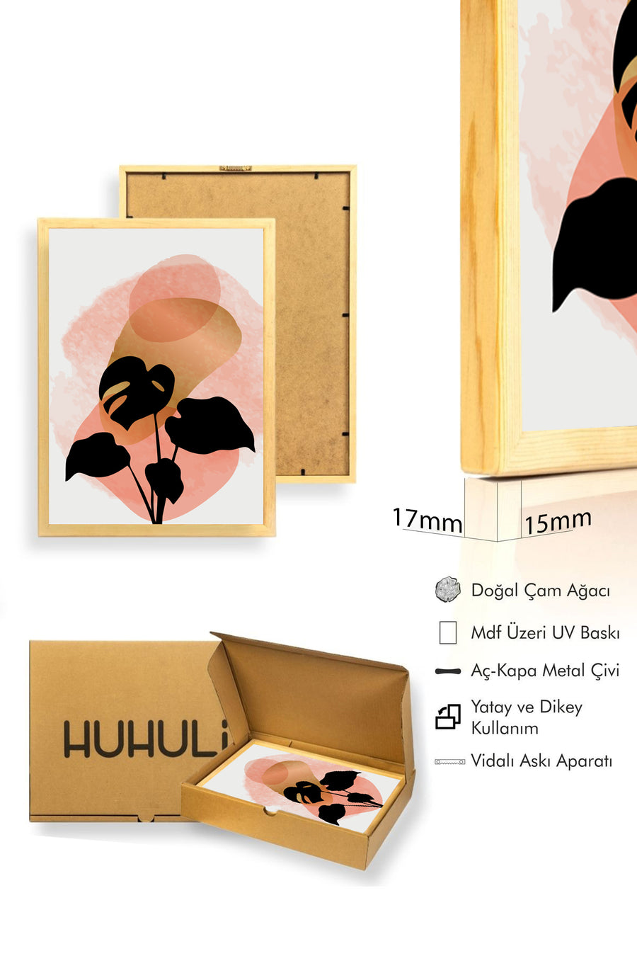 Doğal Ahşap Çerçeveli Minimal Yaprak Desenli Tablo - Canlı Tonlar | huhu1396