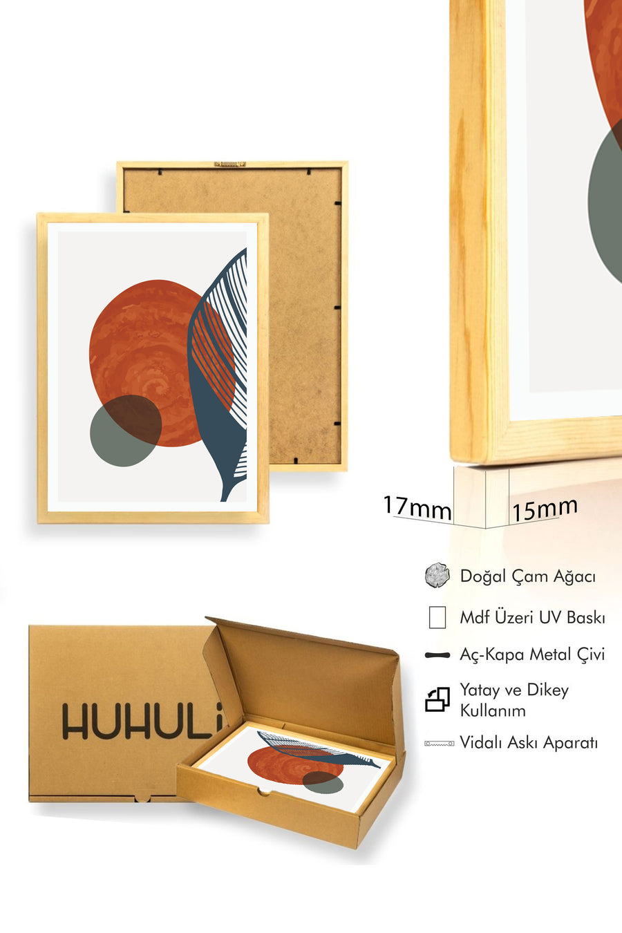 Doğal Ahşap Çerçeveli Soyut Desenli Tablo - Canlı Tonlar | huhu1025