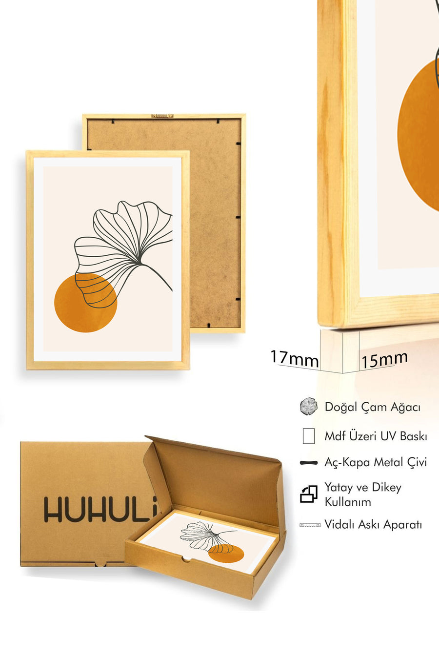 Doğal Ahşap Çerçeveli Minimal Yaprak Desenli Tablo - Canlı Tonlar | huhu1041