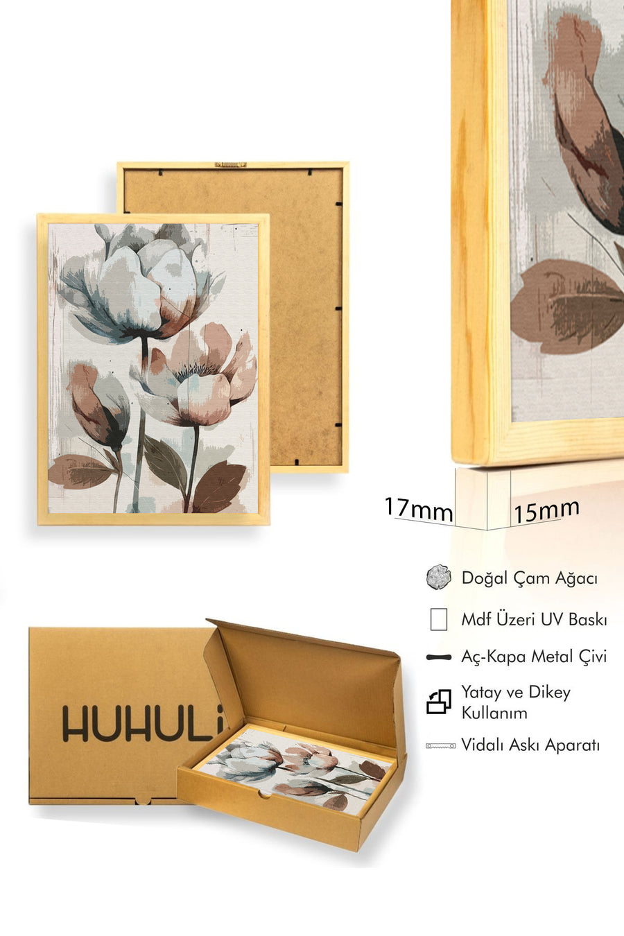 Doğal Ahşap Çerçeveli Çiçek Desenli Tablo - Pastel Tonlar | huhu1311