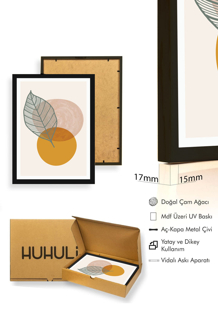 Doğal Ahşap Çerçeveli Yaprak Desenli Tablo - Minimal | huhu1026