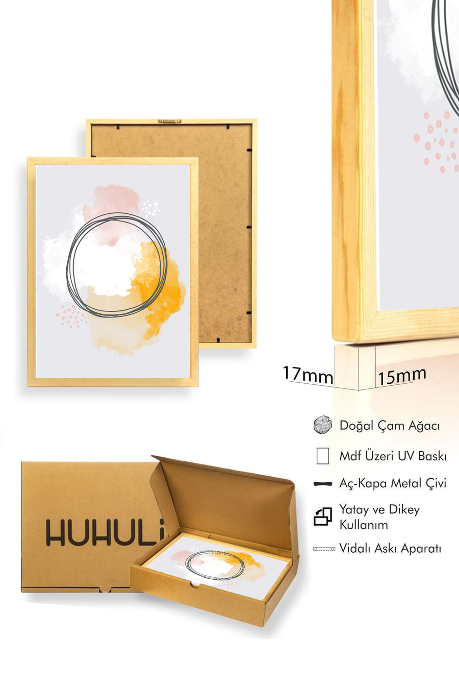 Doğal Ahşap Çerçeveli Soyut Desenli Tablo - Pastel Tonlar | huhu1521