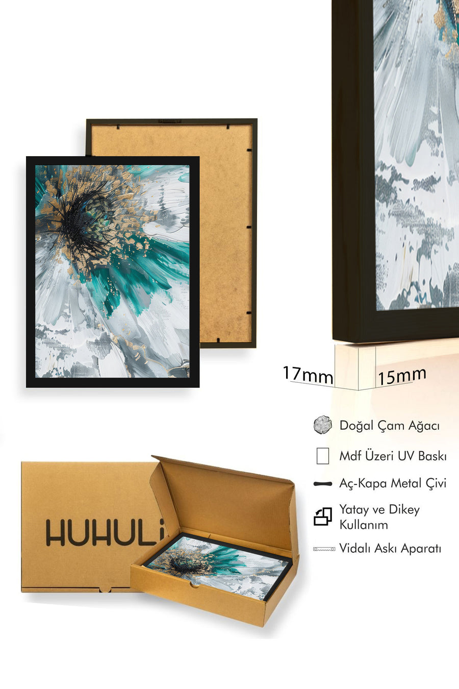 Doğal Ahşap Çerçeveli Soyut Desenli Tablo - Canlı Tonlar | huhu1295