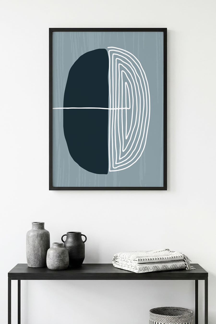 Doğal Ahşap Çerçeveli Minimal Geometrik Tablo - Soğuk Tonlar | huhu1036