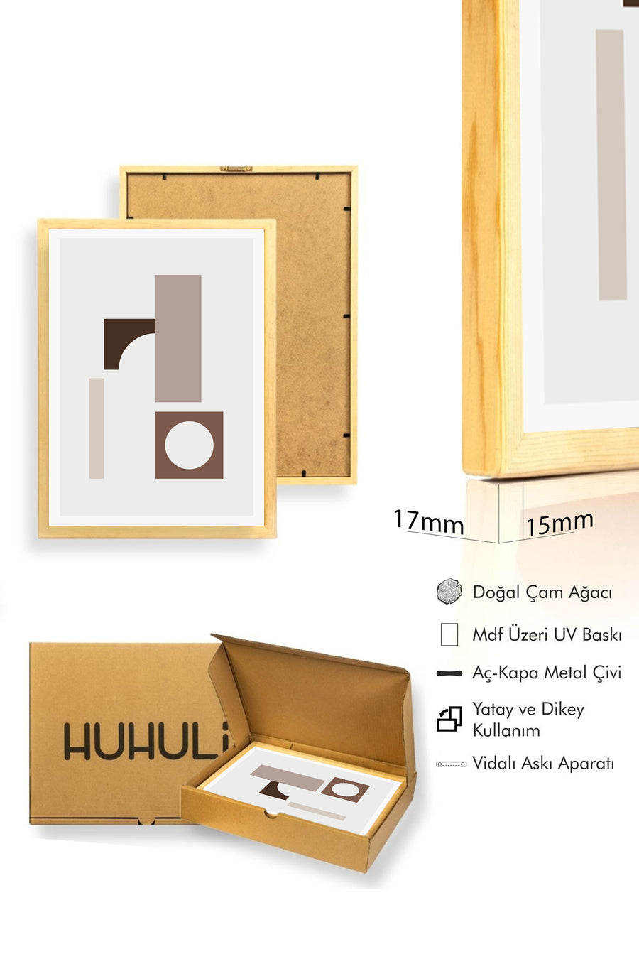 Doğal Ahşap Çerçeveli Minimal Geometrik Desenli Tablo - Pastel Tonlar | huhu1489