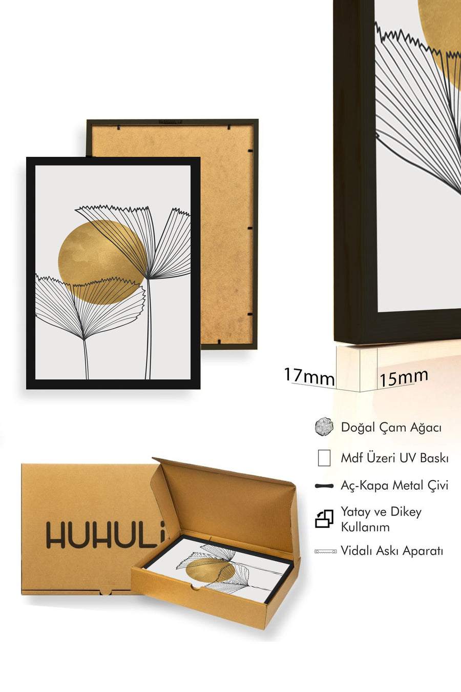 Doğal Ahşap Çerçeveli Çiçek Desenli Tablo - Minimal | huhu1419