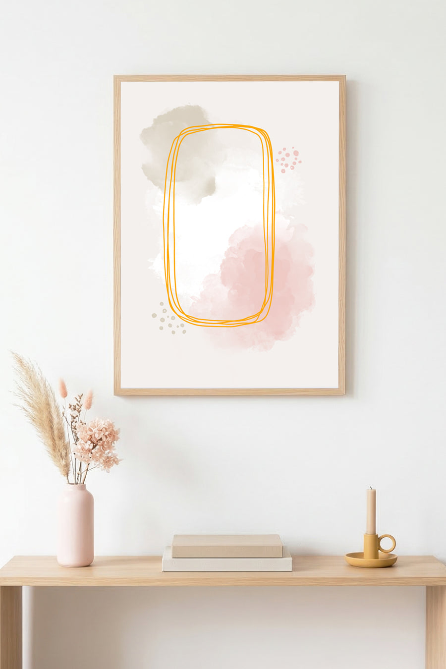Doğal Ahşap Çerçeveli Soyut Desenli Tablo - Pastel Tonlar | huhu1522