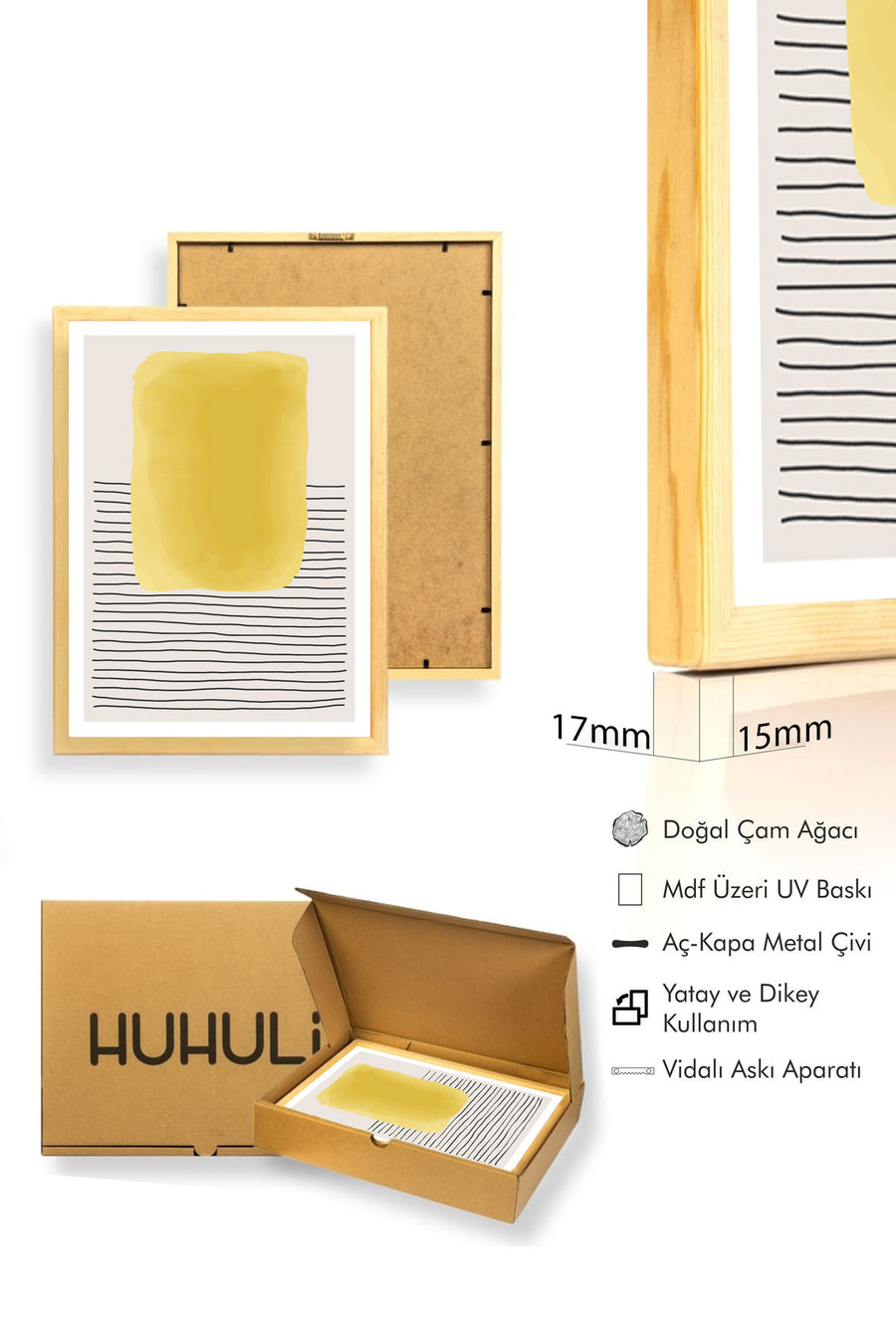Doğal Ahşap Çerçeveli Soyut Sarı Desenli Tablo - Minimal | huhu1545