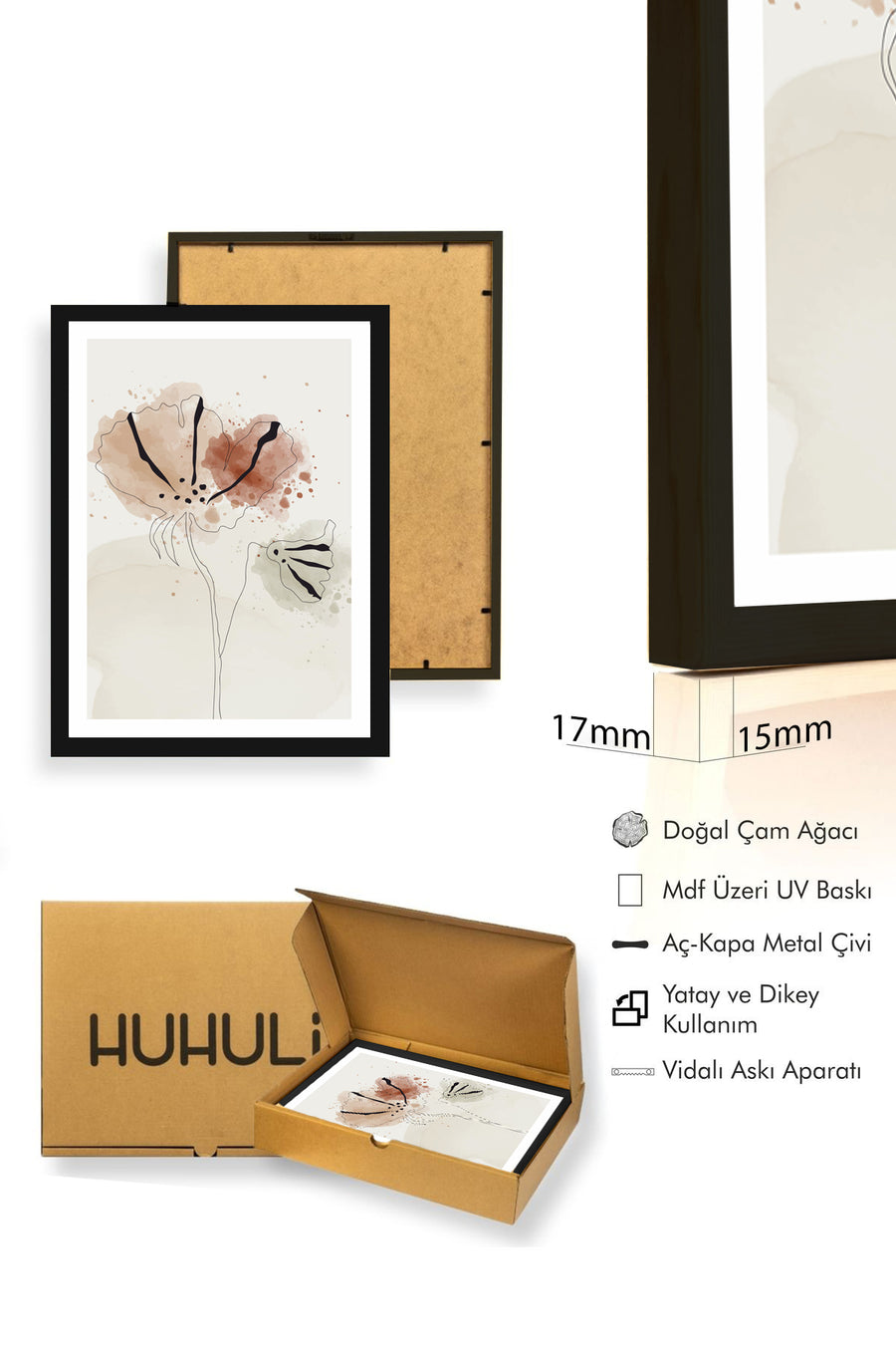 Doğal Ahşap Çerçeveli Çiçek Desenli Tablo - Pastel Tonlar | huhu1014