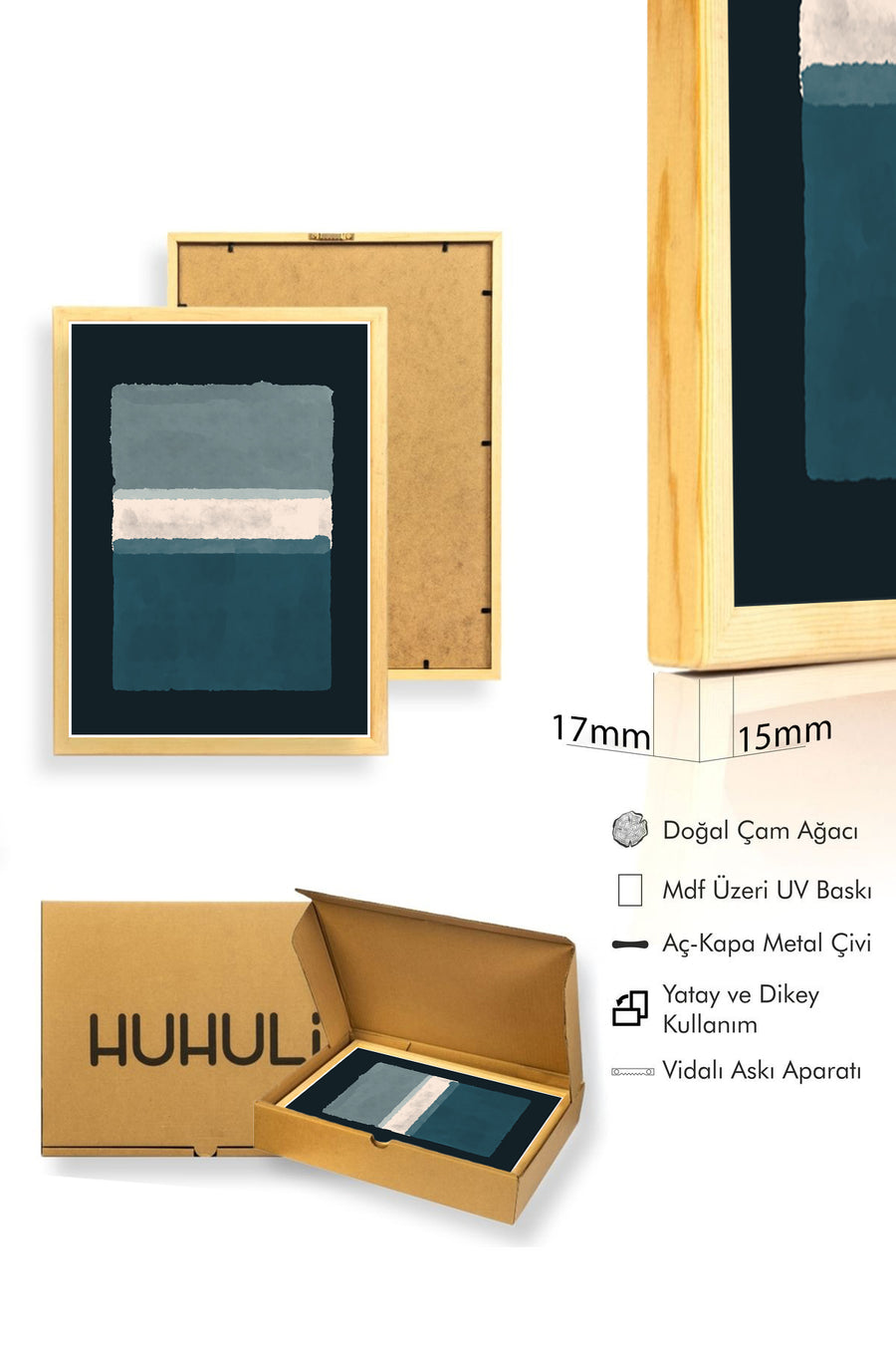 Doğal Ahşap Çerçeveli Soyut Desenli Tablo - Mavi ve Beyaz Tonlar | huhu1444
