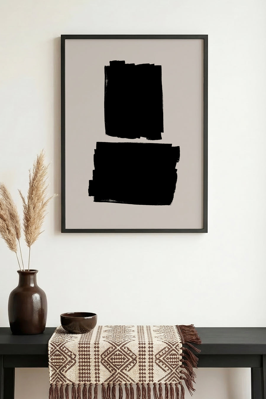 Doğal Ahşap Çerçeveli Soyut Siyah Desenli Tablo - Minimal | huhu1071
