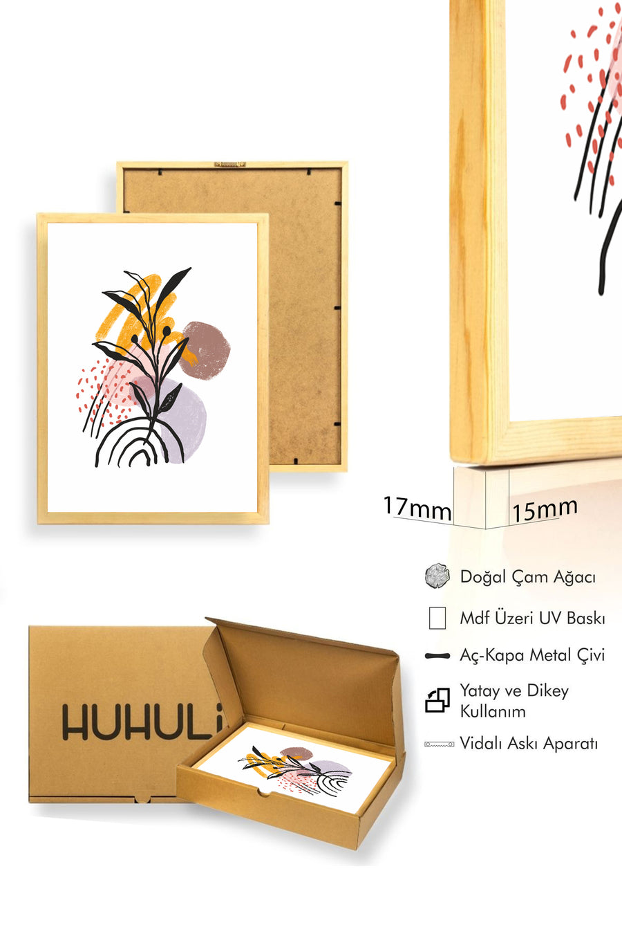 Doğal Ahşap Çerçeveli Çiçek Desenli Tablo - Soyut | huhu1059