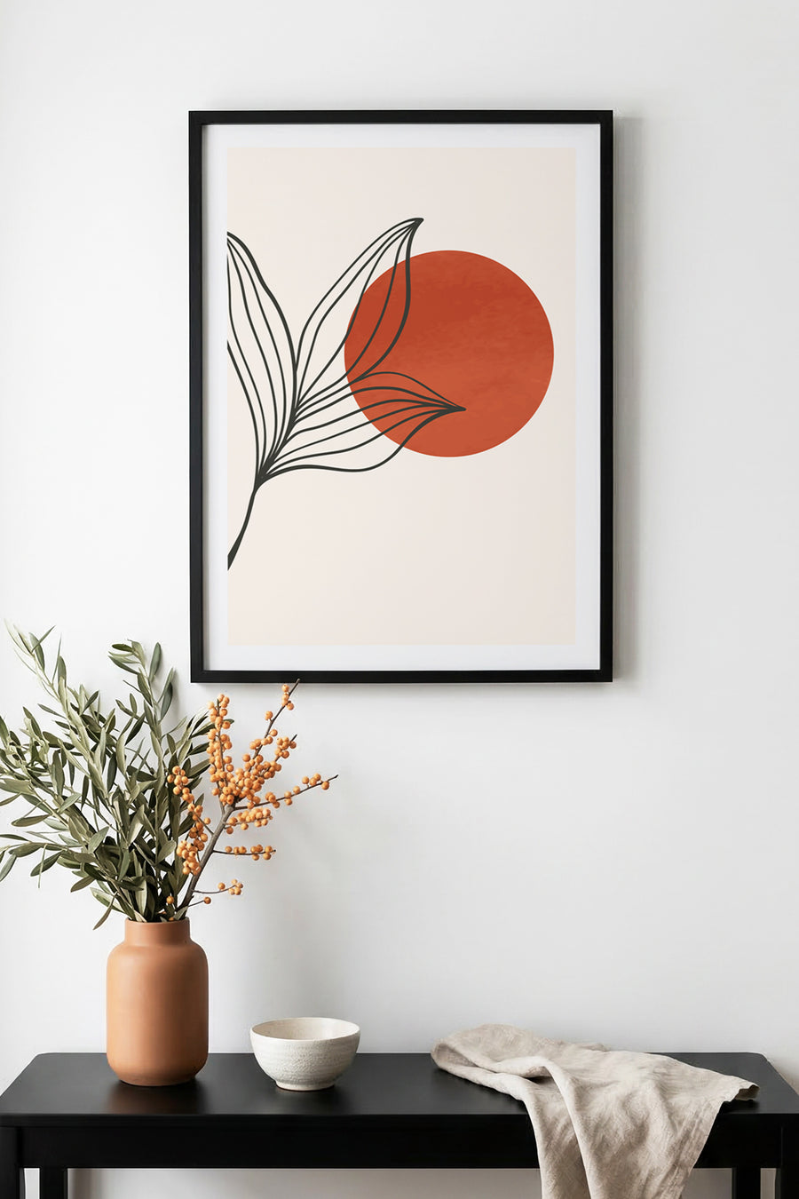 Doğal Ahşap Çerçeveli Minimal Yaprak Desenli Tablo - Canlı Tonlar | huhu1039