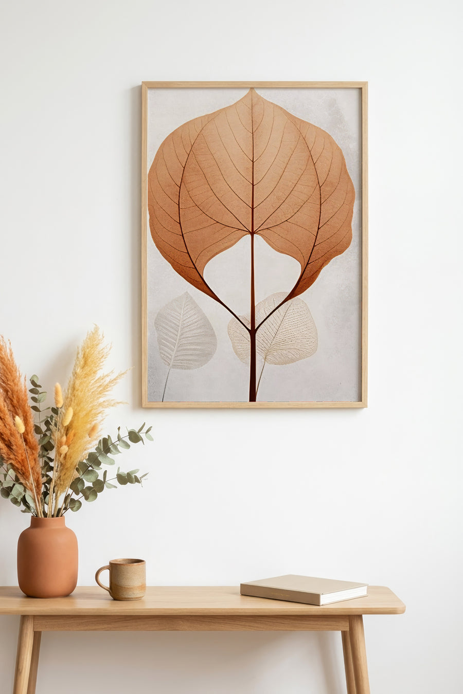 Doğal Ahşap Çerçeveli Yaprak Desenli Tablo - Minimal | huhu1322