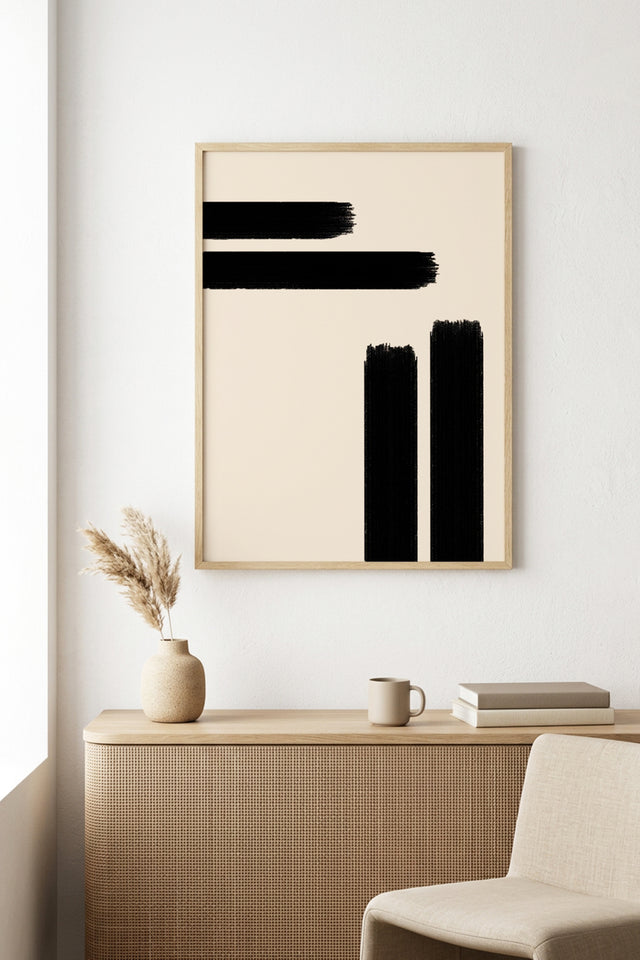 Doğal Ahşap Çerçeveli Minimal Siyah Fırça Desenli Tablo - Pastel | huhu1001