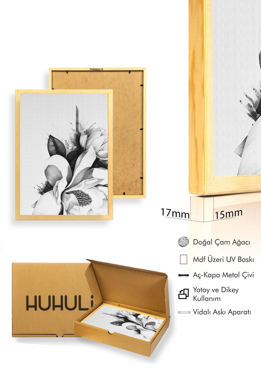 Doğal Ahşap Çerçeveli Çiçek Desenli Tablo - Minimal | huhu1316