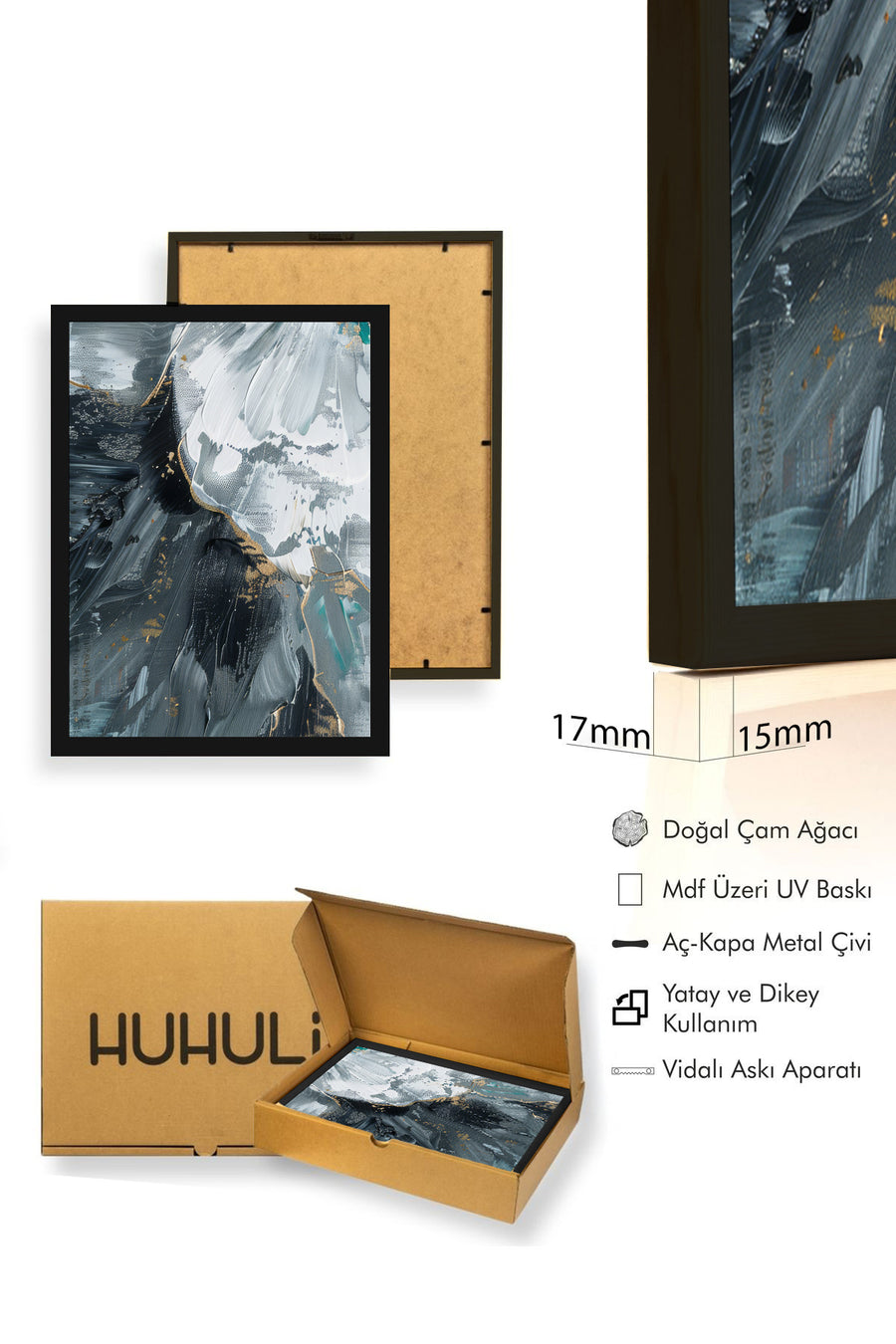 Doğal Ahşap Çerçeveli Soyut Desenli Tablo - Siyah-Beyaz | huhu1296