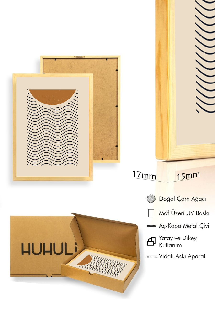 Doğal Ahşap Çerçeveli Geometrik Dalga Desenli Tablo - Pastel | huhu1467
