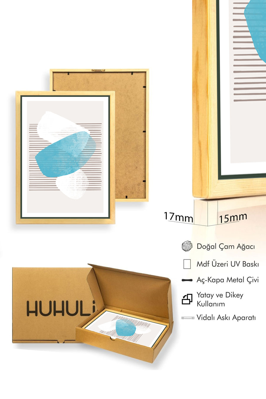 Doğal Ahşap Çerçeveli Soyut Desenli Tablo - Canlı Tonlar | huhu1461