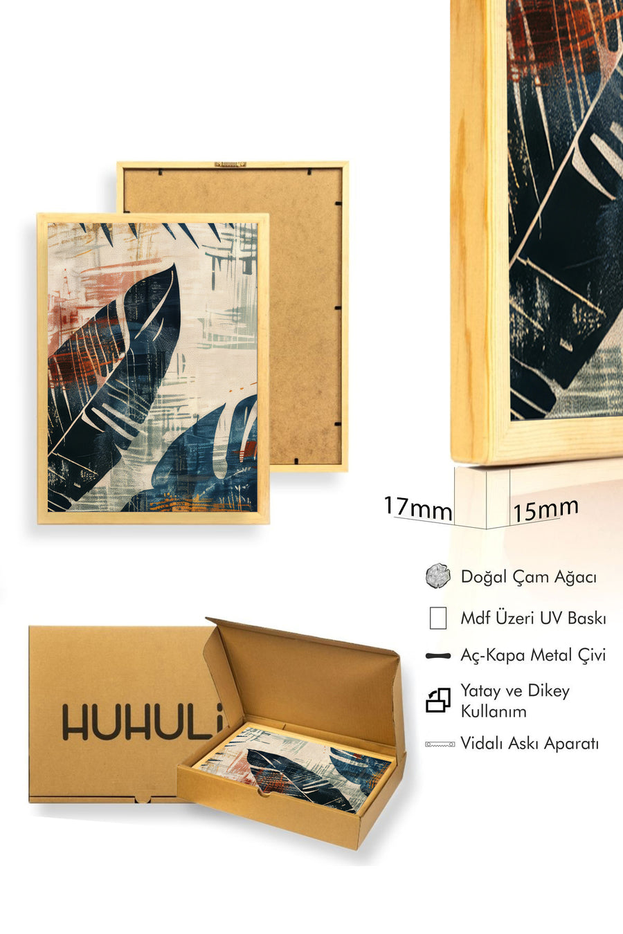 Doğal Ahşap Çerçeveli Yaprak Desenli Tablo - Canlı Tonlar | huhu1287