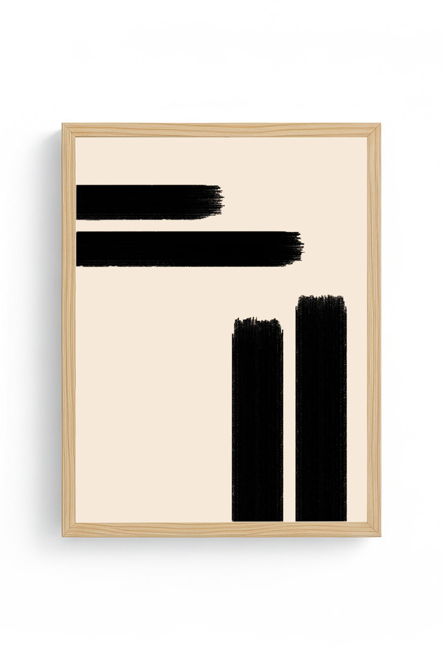 Doğal Ahşap Çerçeveli Minimal Siyah Fırça Desenli Tablo - Pastel | huhu1001