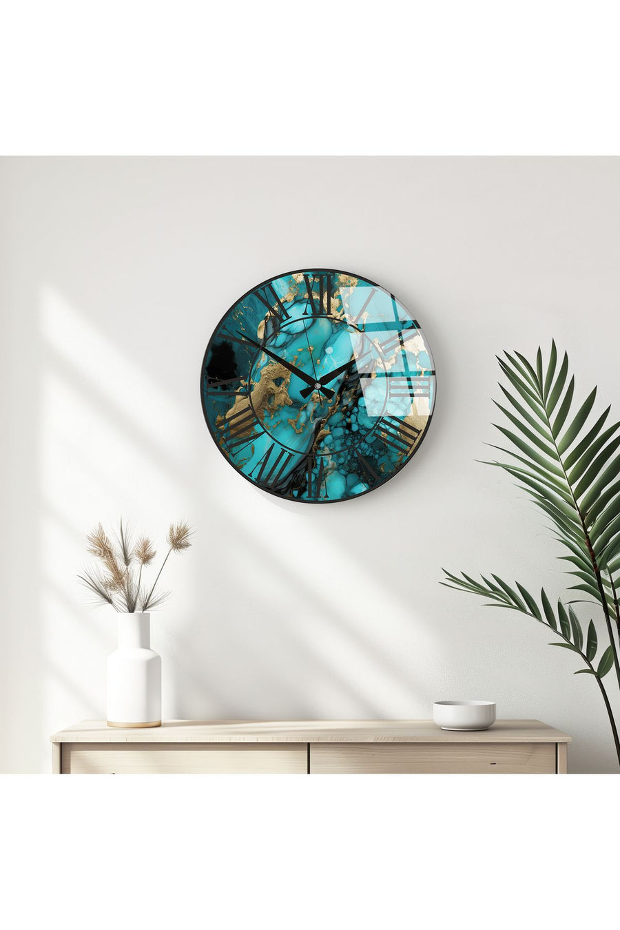Modern Geometrik Desenli Duvar Saati - Mavi ve Altın | Huhu333