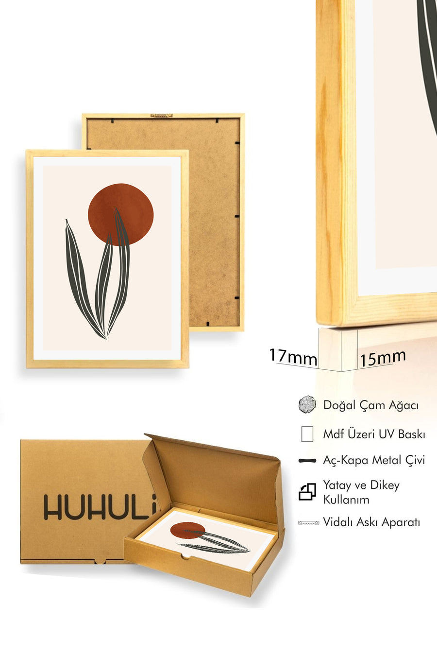 Doğal Ahşap Çerçeveli Soyut Yaprak Desenli Tablo - Pastel | huhu1040