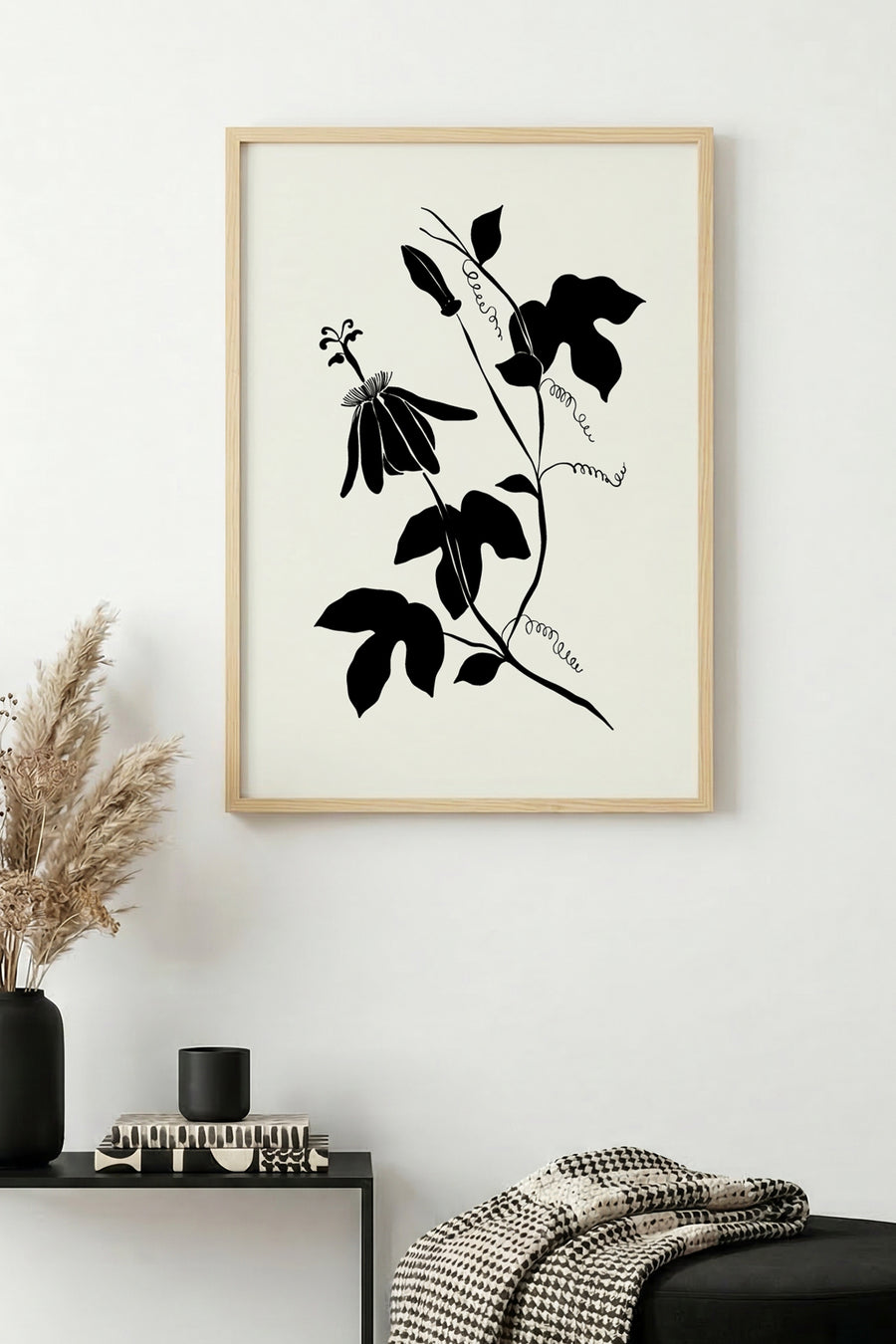 Doğal Ahşap Çerçeveli Çiçek Desenli Tablo - Minimal | huhu1323