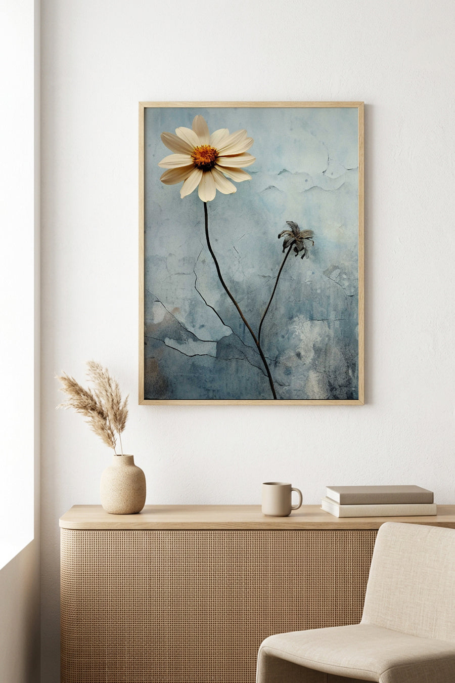 Doğal Ahşap Çerçeveli Çiçek Desenli Tablo - Pastel | huhu1301