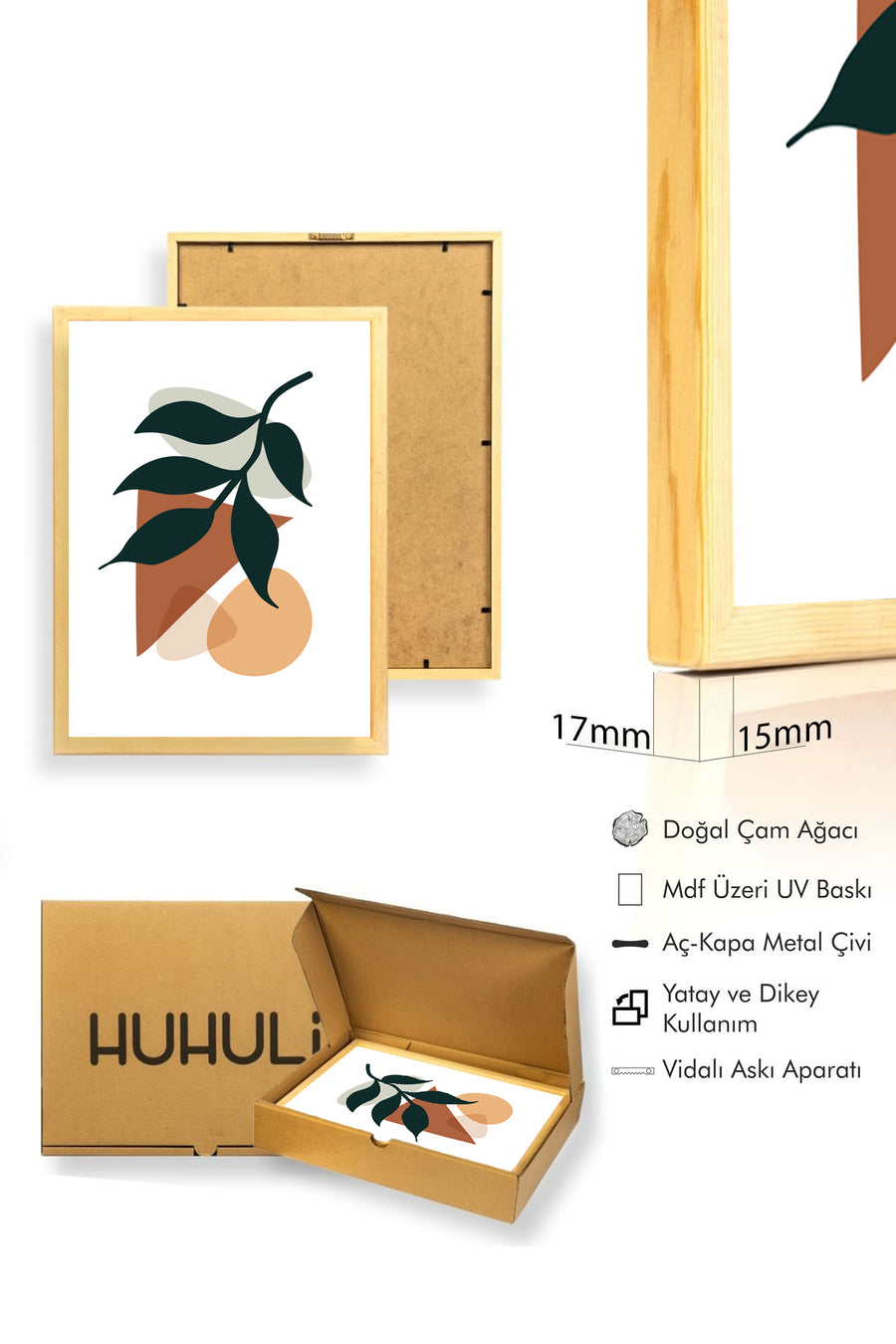 Doğal Ahşap Çerçeveli Minimal Yaprak Desenli Tablo - Canlı Tonlar | huhu1456