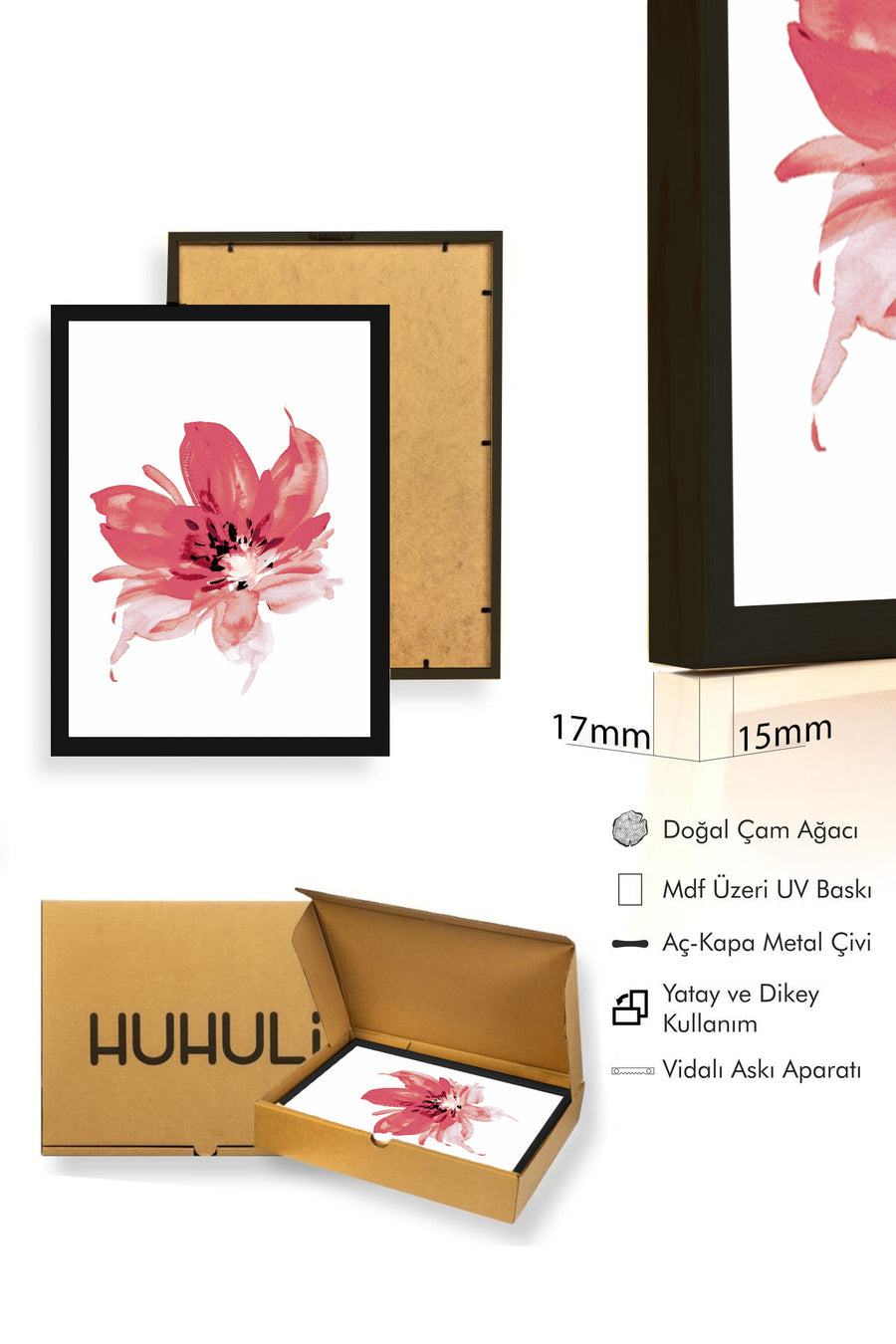 Doğal Ahşap Çerçeveli Çiçek Desenli Tablo - Canlı Tonlar | huhu1042