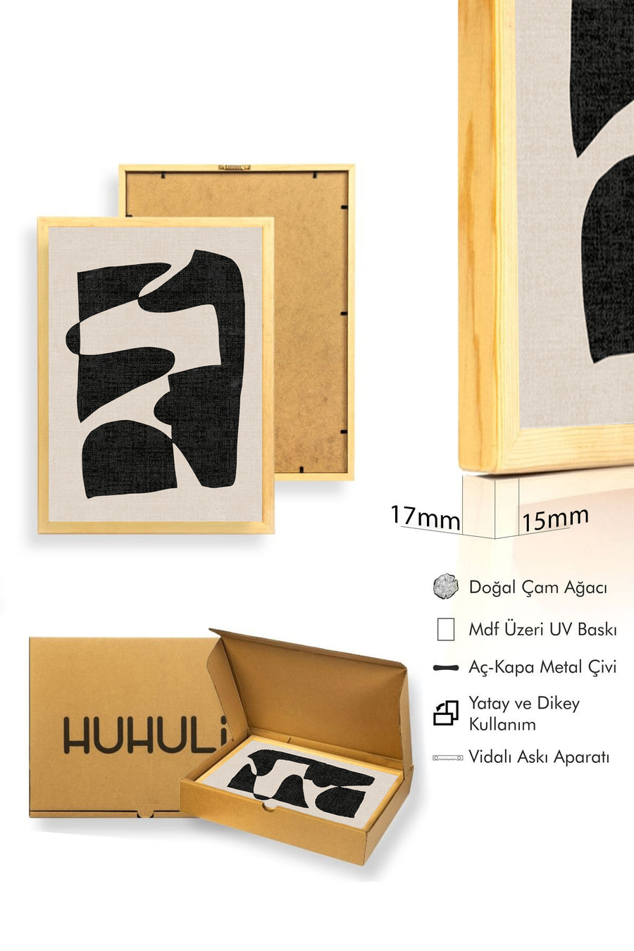 Doğal Ahşap Çerçeveli Soyut Desenli Tablo - Minimal | huhu1002