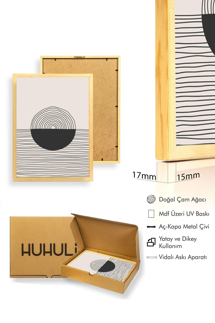 Doğal Ahşap Çerçeveli Line Art Desenli Tablo - Minimal | huhu1440