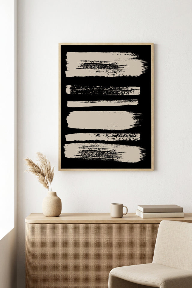 Doğal Ahşap Çerçeveli Soyut Fırça Darbeleri Desenli Tablo - Pastel | huhu1066